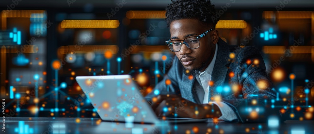 Fototapete Technology, Internet of Things, Software development concept. Man in business mode, working on tablet and laptop computers. Coding programmer writing mobile apps. Web graphics, computer code.