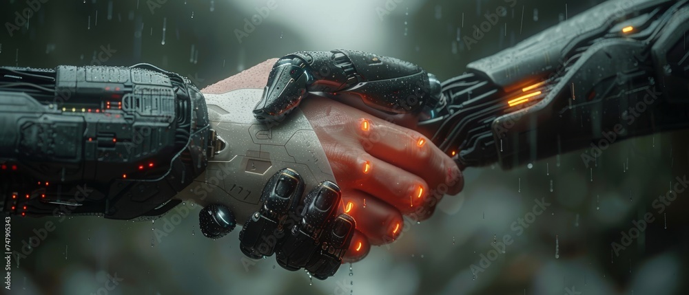 Poster handshake between a businessman and a digital partner set against a futuristic background. artificia