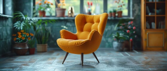 Rendering of a bright yellow armchair in an interior against the background of shelves with decorative items