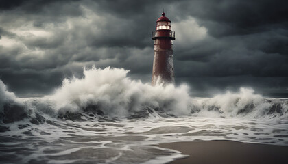 lighthouse on the shore of the sea when was be storme at night