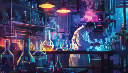 A digital illustration of a scientist in a lab coat conducting experiments in a laboratory surround Generative AI - obrazy, fototapety, plakaty