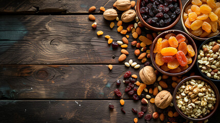 Fototapeta na wymiar Dried fruits and assorted nuts composition.