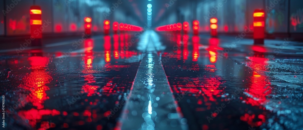 Poster in the dark of the night, a city is illuminated with neon reflections on the concrete floor. wet asp