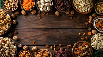 Dried fruits and assorted nuts composition.