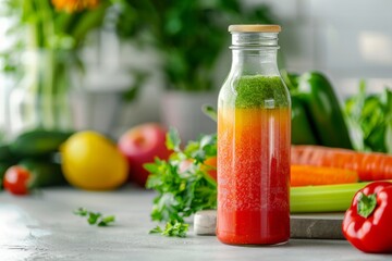 bottle of nourishing green juice surrounded by fresh vegetables and herbs.