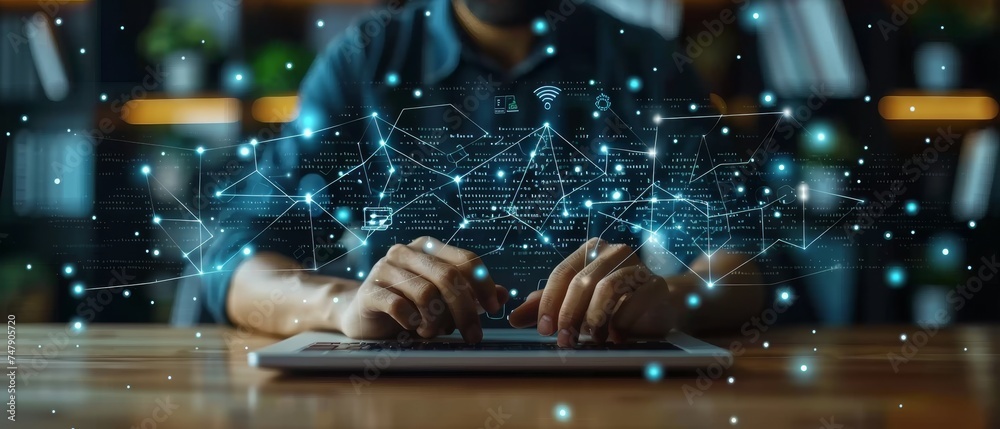 Poster IoT Internet of Things, Software Development Concept. Businessman working on digital tablet, laptop computer. Coding programmer developing mobile apps. Web icons, computer code.