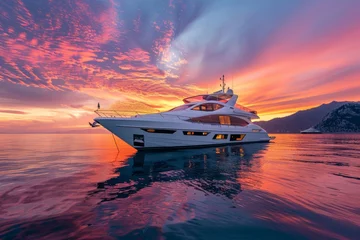 Zelfklevend Fotobehang Professional Photography of a Serene Morning Onboard a Luxury Yacht Anchored in a Secluded Bay, Generative AI © Giantdesign