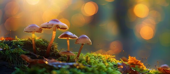 A cluster of mushrooms is seen perched on a bed of green moss in an autumn forest setting. The detailed macro photography captures the textures and colors of the fungi and the moss.