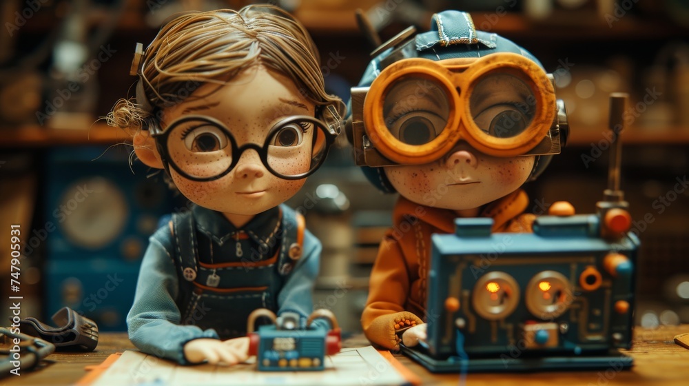 Aufkleber in their science class, a girl and boy program a cute little robot with a laptop.