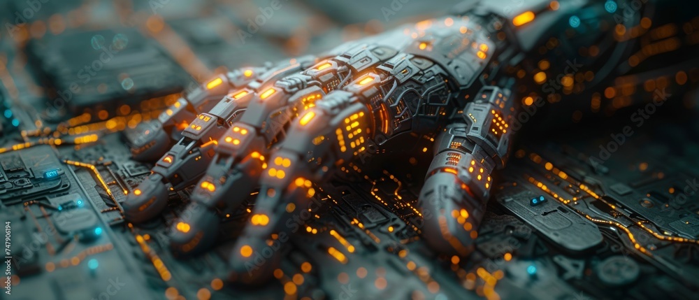 Poster An individual using the technology smart robot AI to generate images, write code, and analyze data using technology smart robot AI, such as using the website or software technology AI to help and