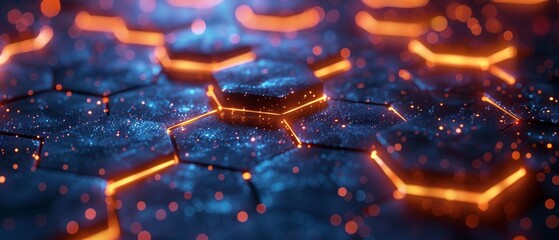 Navigating 3D Futuristic Sci-Fi Modern High-Tech Empty Space Hexagonal Shaped Pathways with Neon Glowing Light Strips in Blue and Orange