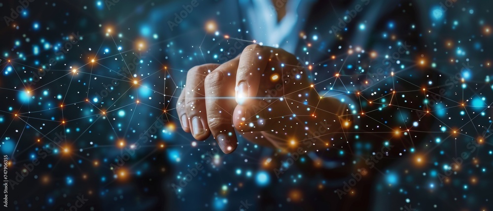 Poster on a background of space, a businessman touches the global network of data customers