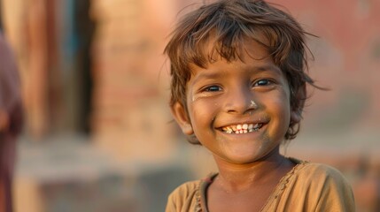 Indian poor kid smiling in an October 2017 portrait in Agra, India