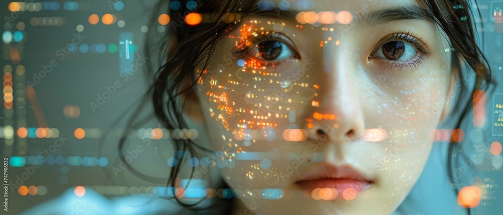 Leinwandbilder An Asian Female Startup Entrepreneur Working on a Computer and Projecting Lines of Code on Her Face. Software Developer Working on an Innovative e-Commerce App Using AI and Big Data.