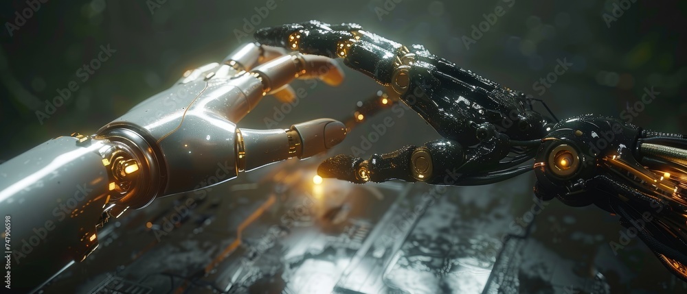Aufkleber human hand contacting robot hand on dark background 3d rendering