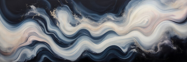 Abstract depiction of swirling smoke trails in hues of pearl and opal against a canvas of midnight velvet. - obrazy, fototapety, plakaty
