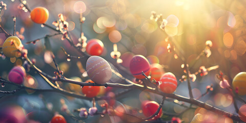 Easter tree with eggs. Many colorful multicolored eggs - obrazy, fototapety, plakaty