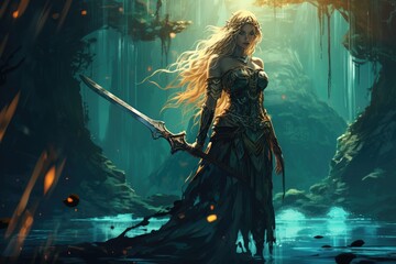Warrior Woman with a divine ax standing at the entrance of the dark forest, - obrazy, fototapety, plakaty