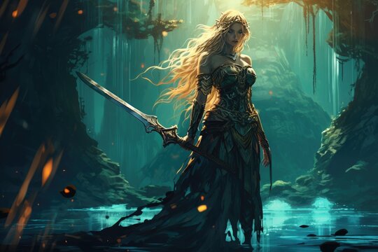 Warrior Woman with a divine ax standing at the entrance of the dark forest,