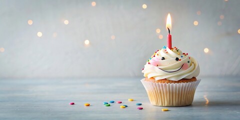 Cake, cupcake with colorful candle and beautiful birthday decoration	