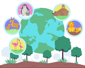 Obraz na płótnie Canvas Green planet with animals and birds diversity. Vector illustration. Bears, lions, flamingos, penguins. Biodiversity preservation, ecosystem concept