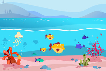 Fototapeta na wymiar Marine wildlife vector illustration. Fish, jelly-fishes, corals. Marine flora and fauna. Ocean conservation concept 
