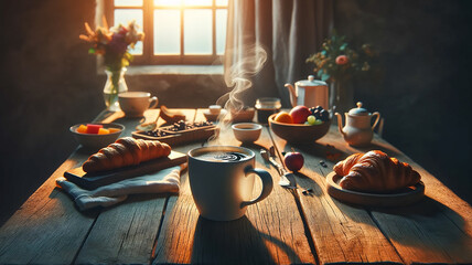 Replica cups containing hot coffee and food are placed on a rustic wooden table. - obrazy, fototapety, plakaty