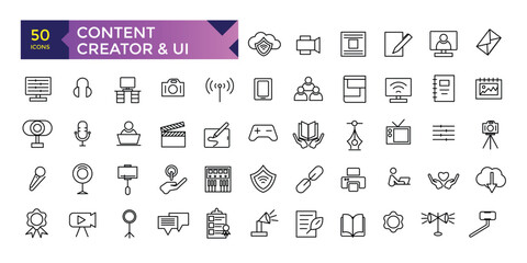 content creation, media. Linear icon collection. Minimalist thin linear web icons bundle. vector illustration.