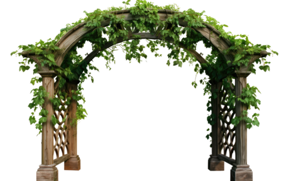 A wooden arch structure covered with lush green vines. The vines intertwine with each other and drape elegantly over the arch, adding a touch of rustic charm to the garden setting.