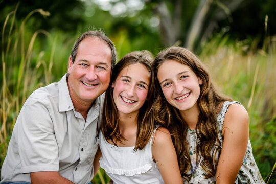 A joyful family portrait in an outdoor setting, featuring a smiling father flanked by his two teenage daughters