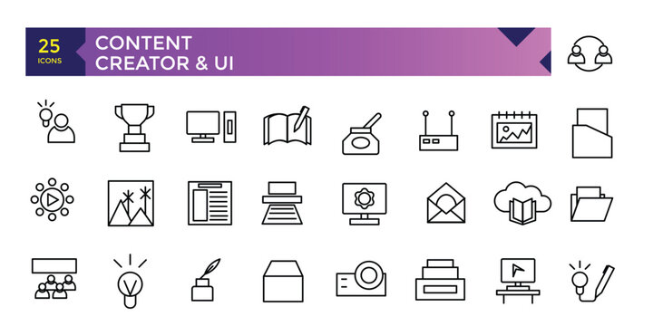 content creation, media. Linear icon collection. Minimalist thin linear web icons bundle. vector illustration.