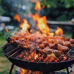 fire barbecued meat cooking on flares-80 - obrazy, fototapety, plakaty