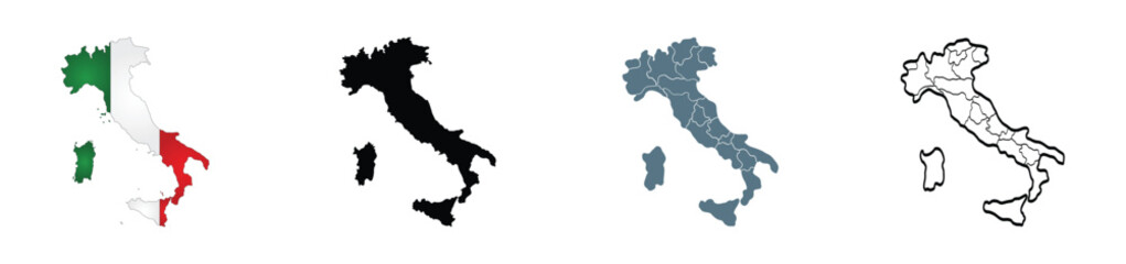 Italy map and flag design vector icon set. Black Outline vector Map of Italy with regions EPS 10	