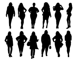 Silhouettes of different women Standing and walking front, side, Rear View. Female Characters Back View vector monochrome illustrations, icons Isolated on white Background. - obrazy, fototapety, plakaty