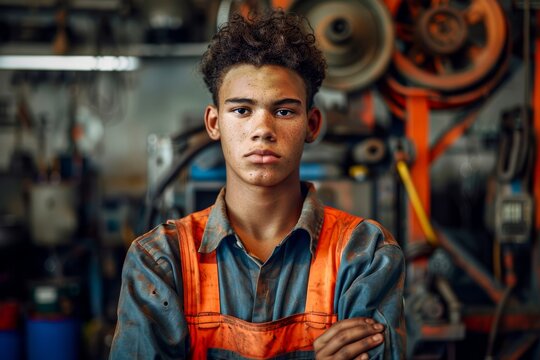A thoughtful teenage boy in a workshop setting, wearing an apprentice uniform and a contemplative expression
