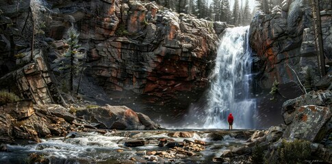 An individual contemplates nature's majesty, standing in front of a breathtaking waterfall amidst the forest