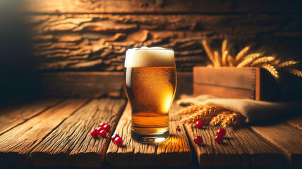 glass of frothy beer placed on wooden table, capturing the essence of relaxation and celebration.