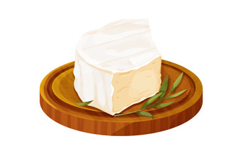 Camembert cheese, brie french soft creamy food on wooden tray isolated on white background. 