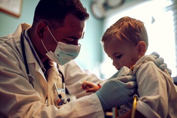 A caring pediatric health professional administers a vaccine to a child in a calm, clinical setting, ensuring well-being - obrazy, fototapety, plakaty