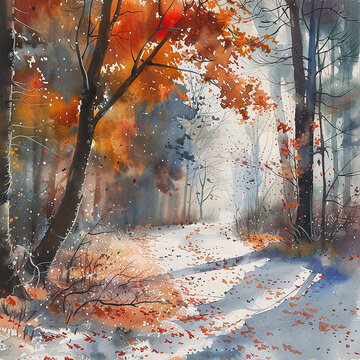conceptual nature painted with watercolor pre-winter leaves scenery-122