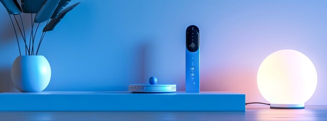 A cleanly arranged smart home setup highlighting minimalist design and technology in a modern living space