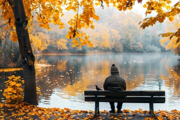 The autumnal splendor surrounds a lone person seated on a park bench, gazing upon a peaceful lake bordered by fall foliage