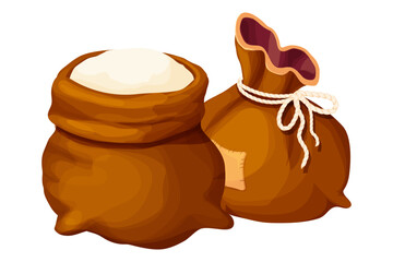 Sack with flour, wheat powder, open bag with rope farm harvest isolated on white background. Packaging 