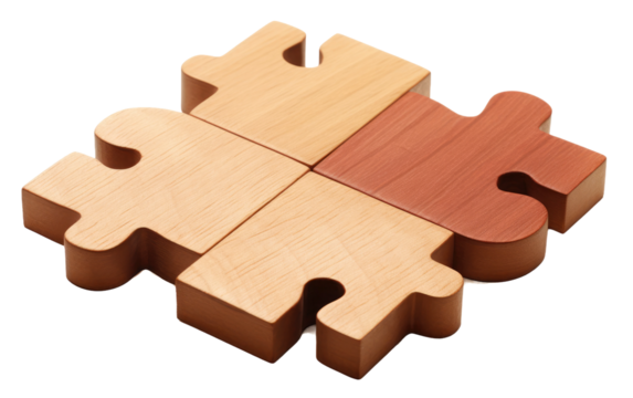 Wooden Puzzle Piece With Four Missing Pieces. A wooden puzzle piece with four empty slots where pieces should fit together. The puzzle is incomplete, showing gaps and missing parts.