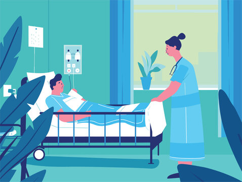 A nurse is beside a patient in a hospital bed, with a table and desk nearby. The buildings art includes paintings and illustrations in a leisurely setting
