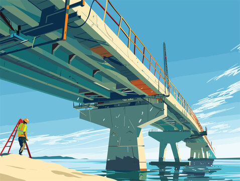 A girder bridge spans over tranquil water, connecting the beach to the sky. It serves as a fixed link for leisure and travel, blending into the surrounding clouds