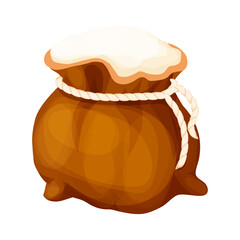 Sack with flour, wheat powder, open bag with rope farm harvest isolated on white background. Packaging 