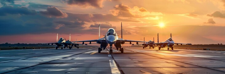 Fototapeta na wymiar Fighter jets are lined up on an airstrip against a beautiful sunset, ready for a mission or exercise