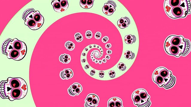 Seamless psychedelic background with Mexican sugar skulls spiral. Halloween vector style animation with catrina illustration 