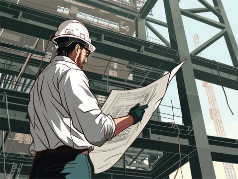 A tradesman in workwear is studying a blueprint on a construction site, examining the buildings facade design. The helmetclad bluecollar worker is working with metal and composite materials